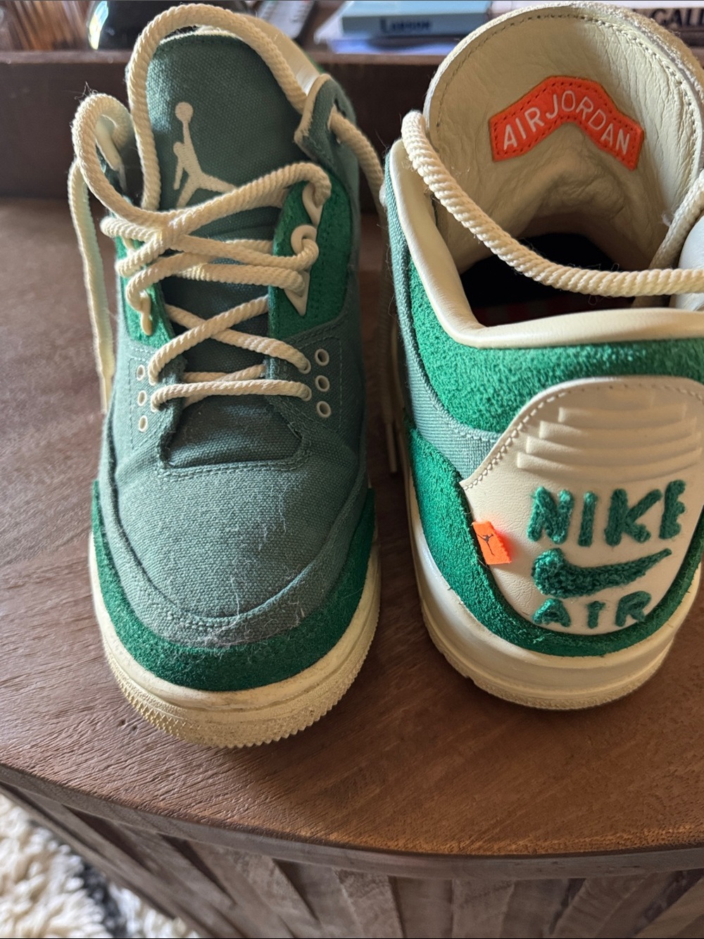 Jordan Green and Cream Low-Top Sneakers with Orange Accent
